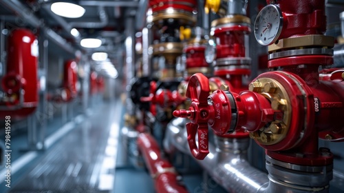 Modern industrial fire protection system with detailed red valves and pipes in a technical facility