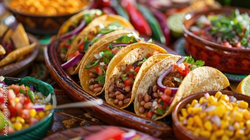 A vibrant Fiesta table showcasing a delicious close up of vegetarian corn tacos stuffed with refried beans and fresh vegetables