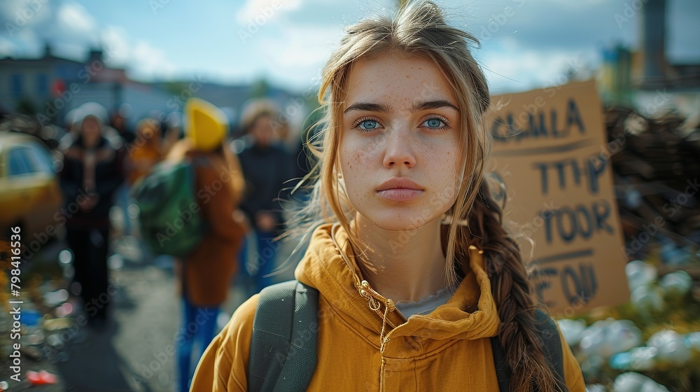 Fototapeta premium Activism in Action: Portrait of a Young Woman Leading the Charge Against Plastic Pollution