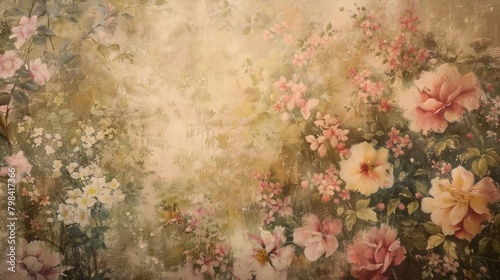 Layers of faded floral patterns and faded oil paintings create a hazy ambiance transporting viewers to a time of refined manners and delicate beauty in the defocused backdrop of Victorian . photo