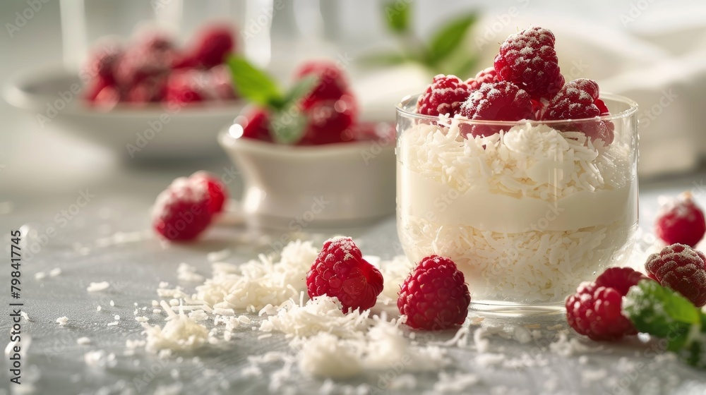 Fresh raspberries atop vanilla cream in a clear dessert cup garnished with mint leaves Fresh raspberries atop vanilla cream in a clear dessert cup garnished with mint leaves