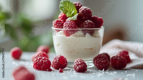 Wallpaper Mural Fresh raspberries atop vanilla cream in a clear dessert cup garnished with mint leaves Torontodigital.ca