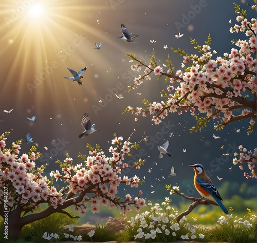cherry blossom in the morning tree and sparrow photo