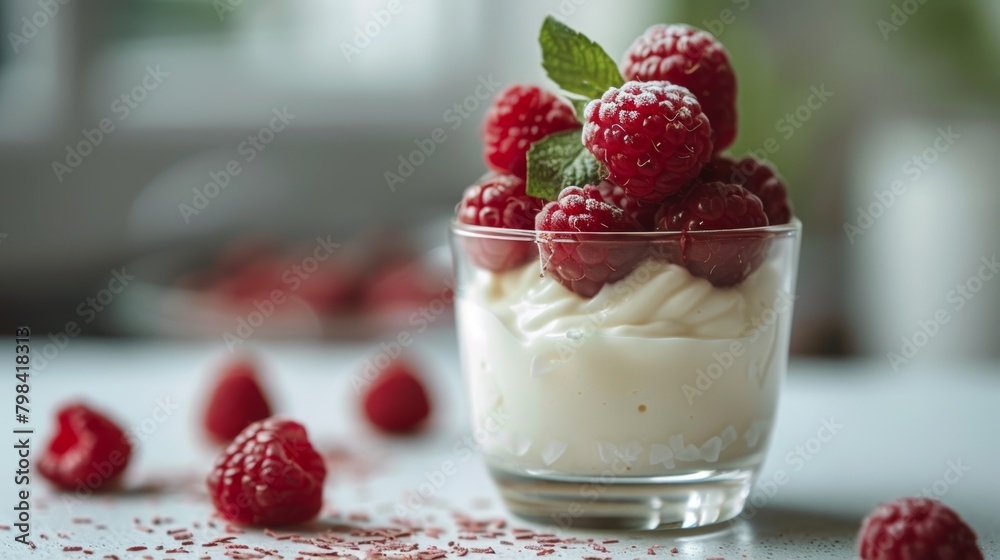 Fresh raspberries atop vanilla cream in a clear dessert cup garnished with mint leaves Fresh raspberries atop vanilla cream in a clear dessert cup garnished with mint leaves