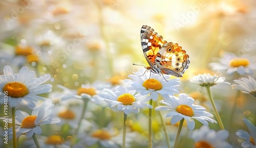 Beautiful butterfly delicately rests on a daisy flower in the great outdoors, captured in a close-up macro shot during the spring or summer season. Made with Generative AI Technology. © Fuljan