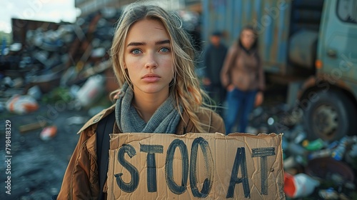 Empowered Activism: Portrait of a Young Woman Advocating for Plastic-Free Future Amidst Garbage Protest