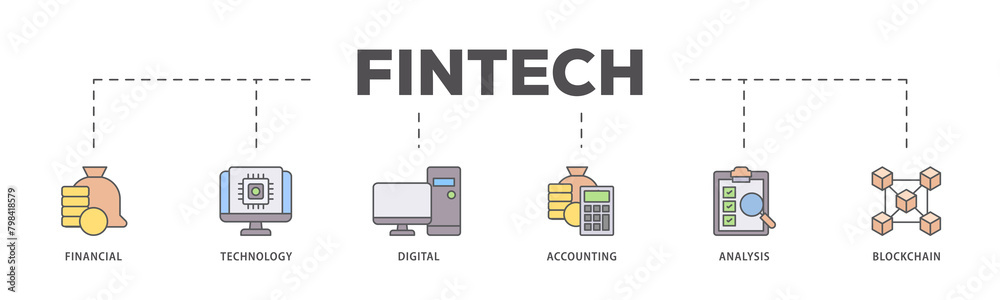 Fintech icons process flow web banner illustration of financial, technology, digital, accounting, analysis and blockchain icon live stroke and easy to edit 