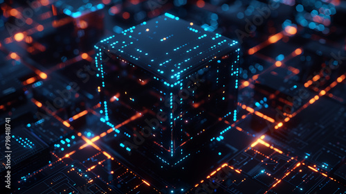 futuristic technology wallpaper with glowing binary lines on black cube  photo