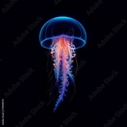 Neon Jellyfish Digital Painting Deep Ocean Glowing Beautiful Nature Background Design © amonallday
