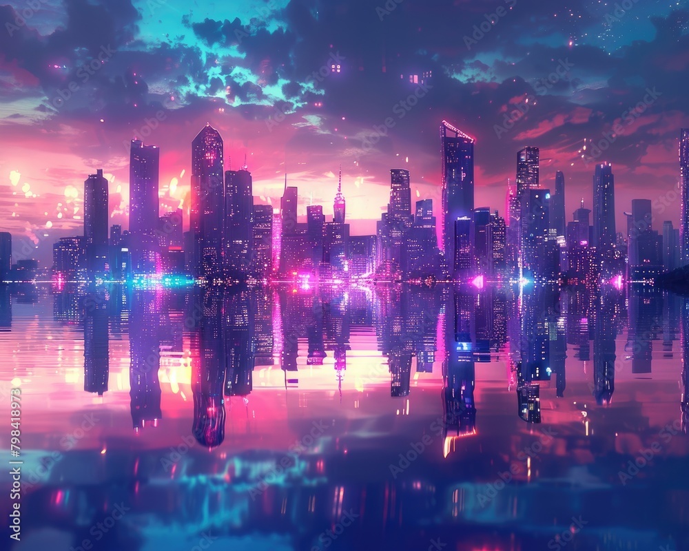 Neon city skyline reflected in water