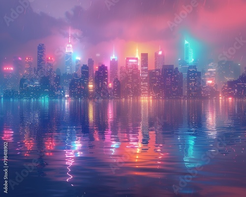 Neon city skyline reflected in water