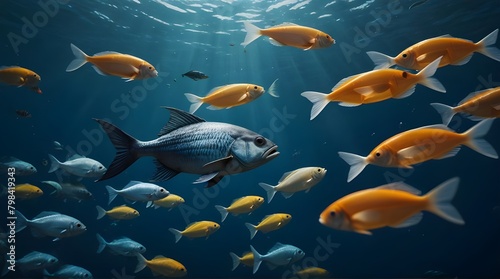 Fish swims among plastic bag ocean pollution. Environment concept .Generative AI