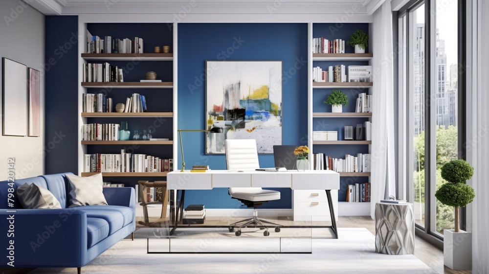 A modern office space characterized by its contemporary furnishings and impeccable design. The walls feature a bold blue accent, adding a pop of color to the otherwise neutral palette. A white frame m
