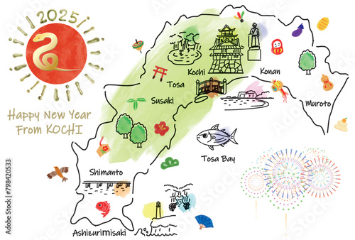 高知県の観光地のイラストマップ年賀状2025年