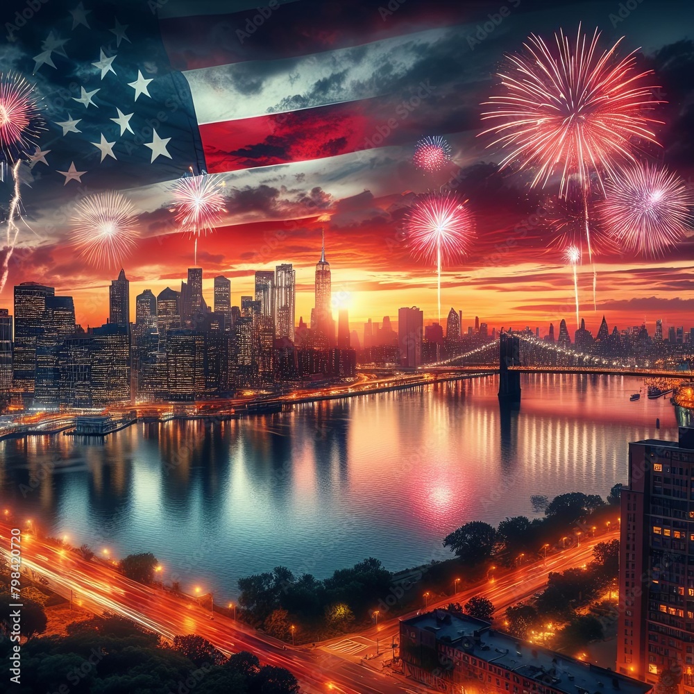 City Display fireworks on Independence Day. Vector illustration

