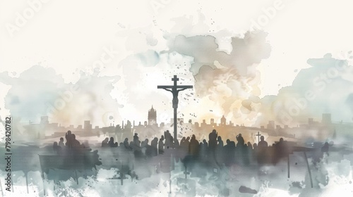 Sacred Resurrection: Minimalist Watercolor of Jesus on the Cross, Surrounded by Devout Prayers and Symbolic Silhouettes