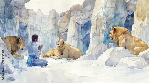Daniel's Prayer in the Lions' Den: A Captivating Watercolor Depiction of Biblical Scene with Daniel Seeking Divine Intervention Amidst Lions, Surrounded by Majestic White Stone Walls