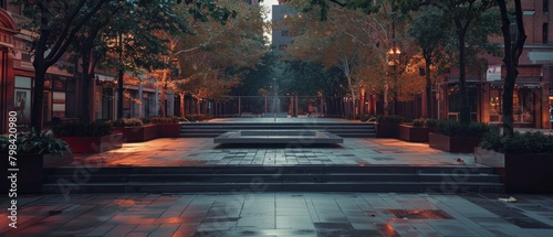 In a crowded city square, a performance space lies empty, ready for the next act to captivate.