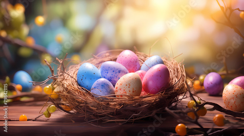 Colorful easter eggs in bird's nest