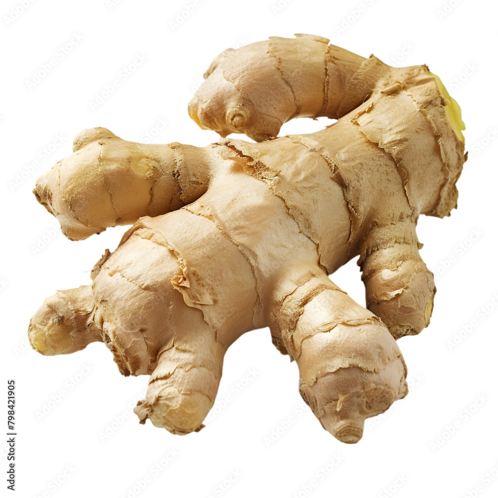A whole, fresh ginger root with detailed textures and a rugged appearance, transparent background, PNG Cutout A whole, fresh ginger root with detailed textures and a rugged appearance, transparent background, PNG Cutout