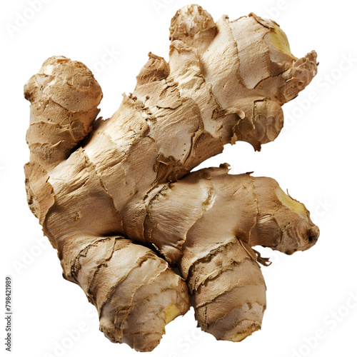  A whole, fresh ginger root with detailed textures and a rugged appearance, transparent background, PNG Cutout photo