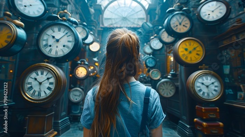 Adolescent Female Figure Surrounded by Whimsical Vintage Clock Display Symbolizing Fluidity of Time