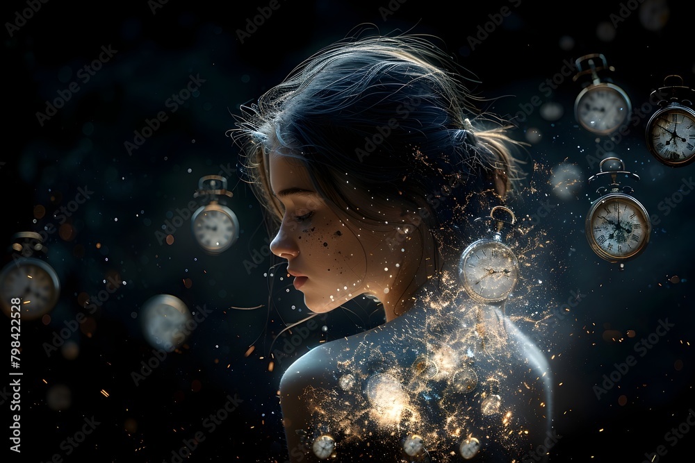 Enchanting Cascade of Timeless Clocks Enveloping Enigmatic Female Figure Enchanting Cascade of Timeless Clocks Enveloping Enigmatic Female Figure