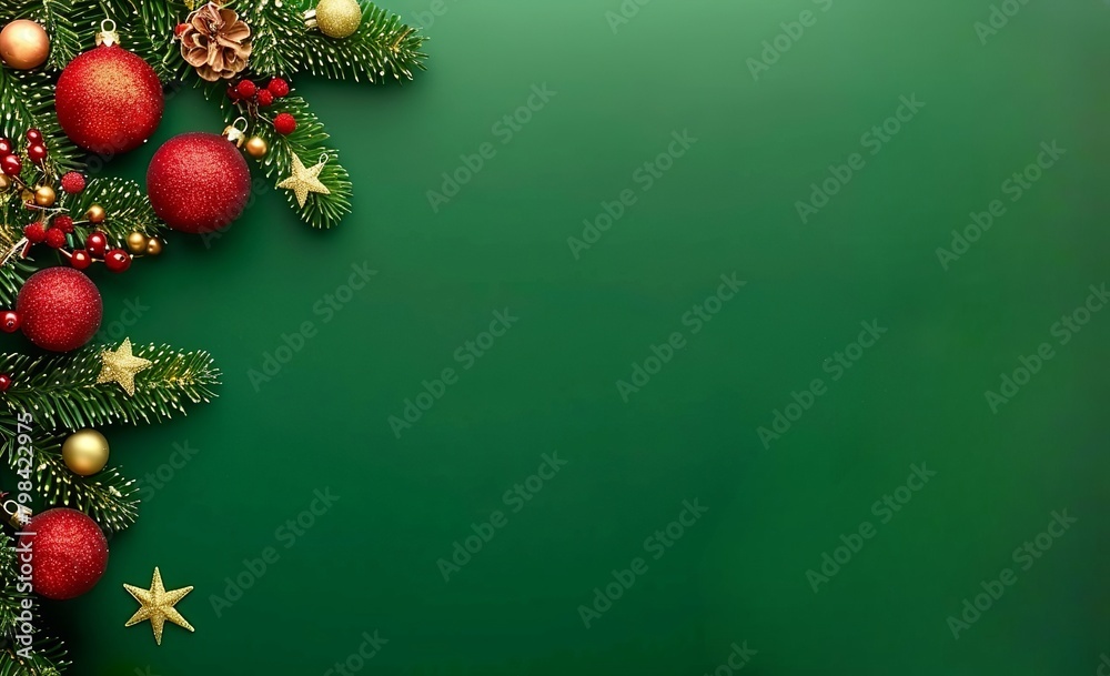 Beautiful green Christmas background adorned with a border of fir branches, golden Christmas ornaments, stars, and gifts. New Year's decorations. Made with Generative AI Technology Beautiful green Christmas background adorned with a border of fir branches, golden Christmas ornaments, stars, and gifts. New Year's decorations. Made with Generative AI Technology