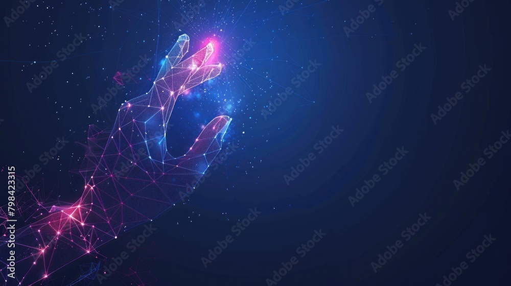Abstract Digital Human Hand Touching Low Poly Vector Illustration of Glowing Dots on Dark Blue Technology Background