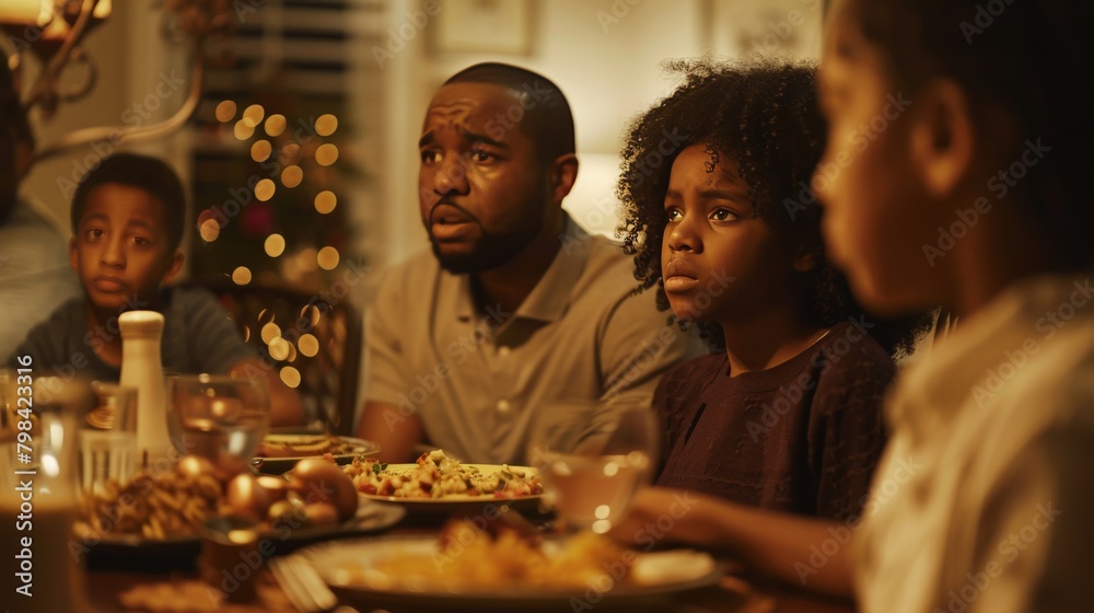 A tense dinner table scene with a family visibly upset, no dialogue