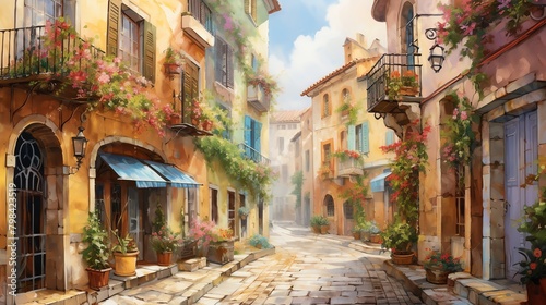 Bring romance alive in an architectural wonder, showcase a quaint, cobblestone street lined with vibrant, pastel-colored buildings, intertwining with lush greenery in the foreground Utilize watercolor © nattapon