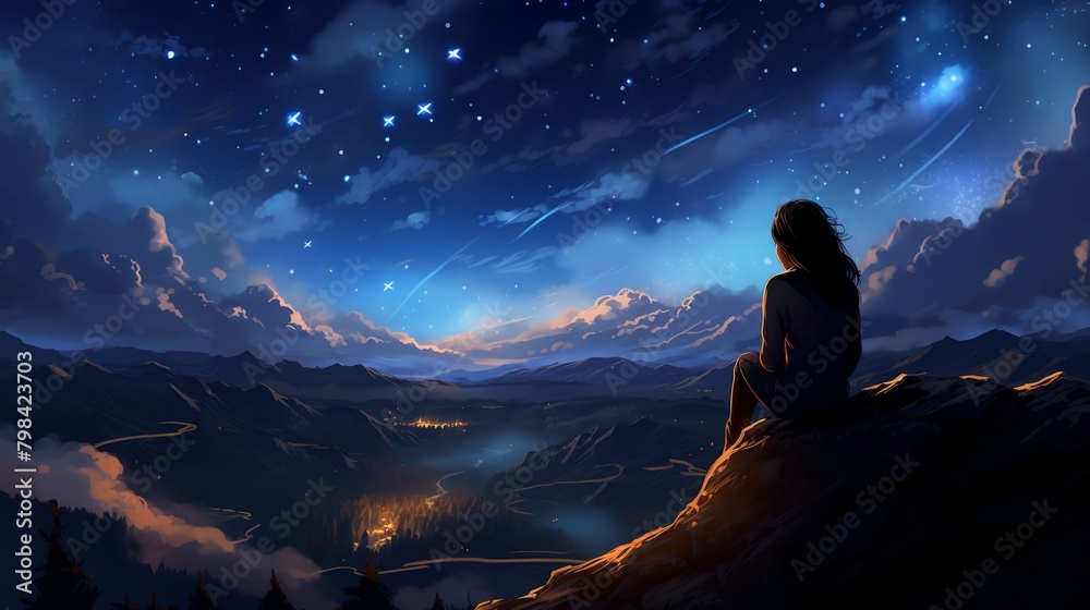 Capture a panoramic view of a serene night sky where a person is engrossed in reading under a twinkling blanket of stars Digital rendering techniques, photorealistic style, vibrant colors