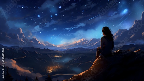Capture a panoramic view of a serene night sky where a person is engrossed in reading under a twinkling blanket of stars Digital rendering techniques, photorealistic style, vibrant colors