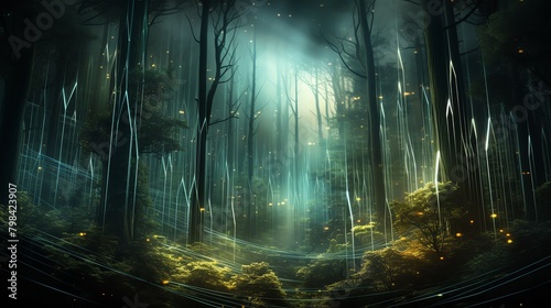 Capture the intricate details of a glowing stock market graph merging with ethereal forest elements Use Digital Rendering Techniques for a mesmerizing blend of magic and finance