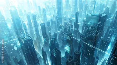 Craft a futuristic city skyline with towering skyscrapers and interconnected highways in a sleek vector art style, symbolizing the fast-paced growth of technology and innovation from an aerial perspec