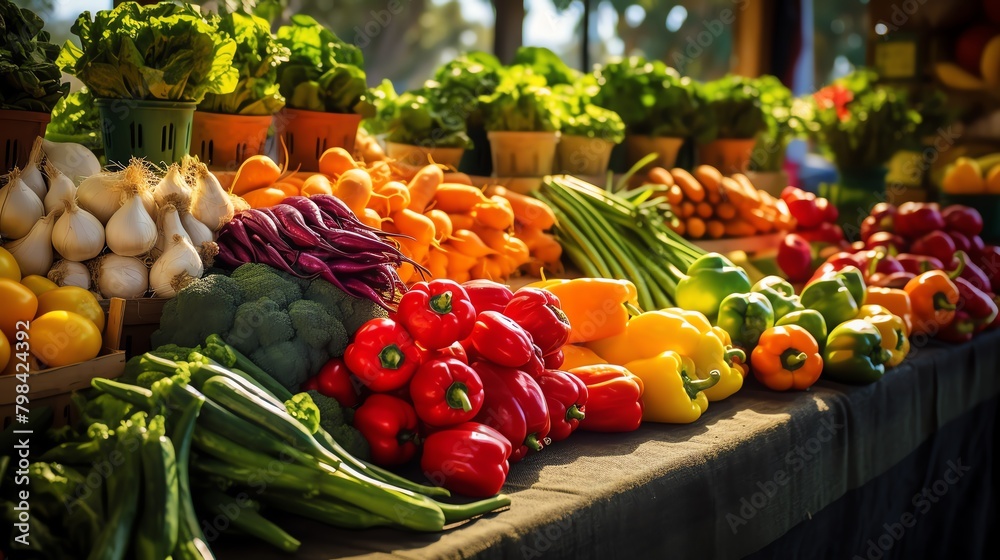 Fresh produce at a farmer s market, vibrant colors, morning, panoramic view