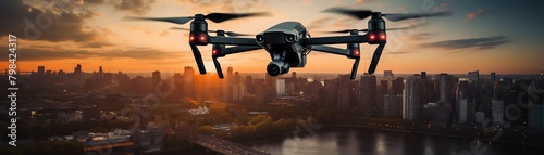 Drone flying over a cityscape at dusk, capturing aerial footage, midshot