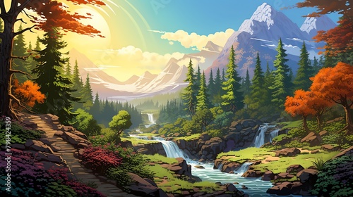 Explore the beauty of a panoramic forest scene in pixel art Depict a cascading waterfall, vibrant foliage, and chirping birds against a backdrop of rolling hills photo