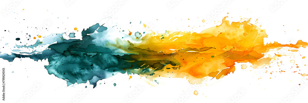 Yellow and green watercolor paint splash on transparent background.