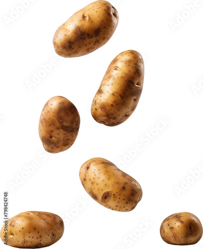Six potatoes falling from above over isolated white transparent background © LorenaPh