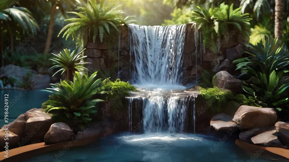 Nature's Cascade: A serene waterfall amidst lush greenery, flowing freely in the heart of the jungle and park Nature's Cascade: A serene waterfall amidst lush greenery, flowing freely in the heart of the jungle and park