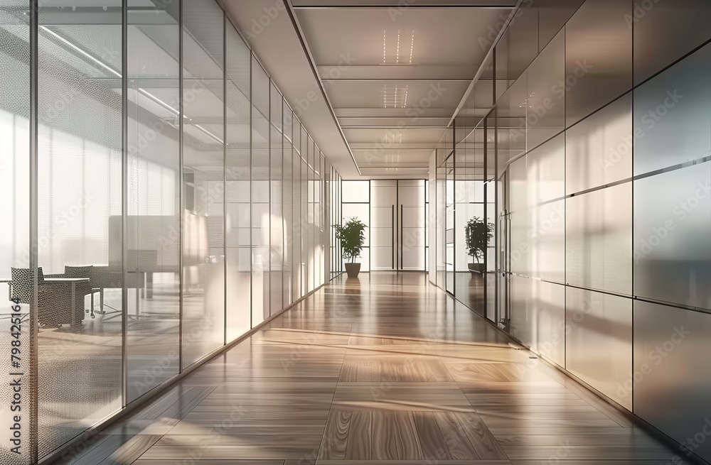 Beautiful modern spacious office hall with expansive panoramic windows, characterized by a perspective in soothing natural beige and brown tones. Made with Generative AI Technology.