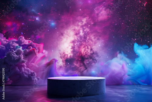 Empty podium with a galaxy with stars and nebulae background for product display or presentation  photo