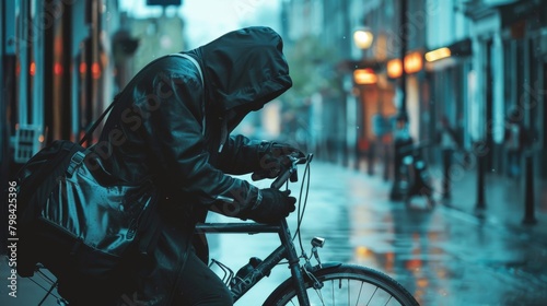 A thief in a hoodie tampering with a bike lock on a deserted urban street photo
