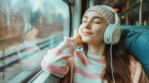 Happy teen passenger listening to the music traveling in a train and looking through the window