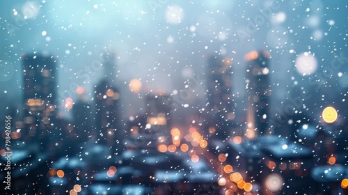 An ethereal scene with a defocused dreamy cityscape adorned with ling lights and a soft blanket of snow creating a captivating winter wonderland for all to enjoy. . photo