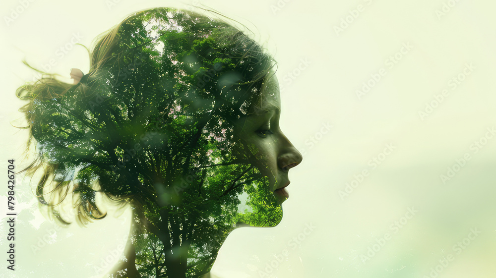 People and nature concept. Double exposure portrait of woman with green forest, creative artwork People and nature concept. Double exposure portrait of woman with green forest, creative artwork