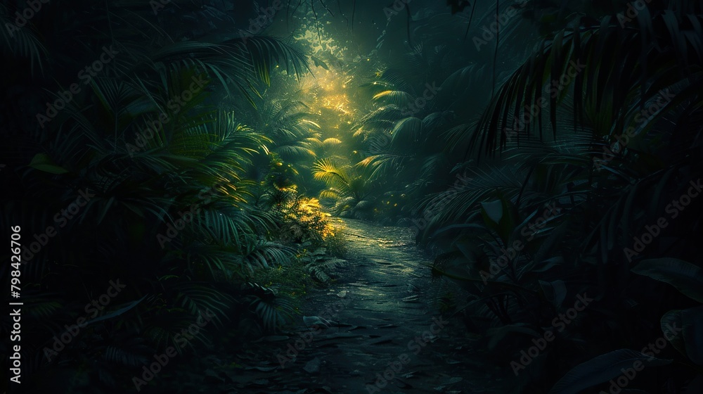 This is a picture of a dense jungle with bright light shining through the trees in the background.

