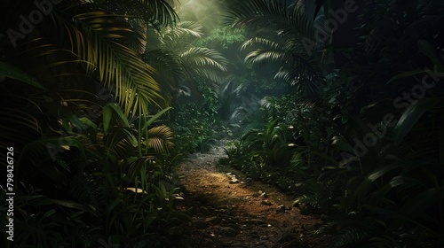 This is a picture of a dense jungle with bright light shining through the trees in the background.  
