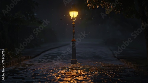 A dimly lit street lamp at night. The street is wet from rain. There is a building to the right of the lamp post.